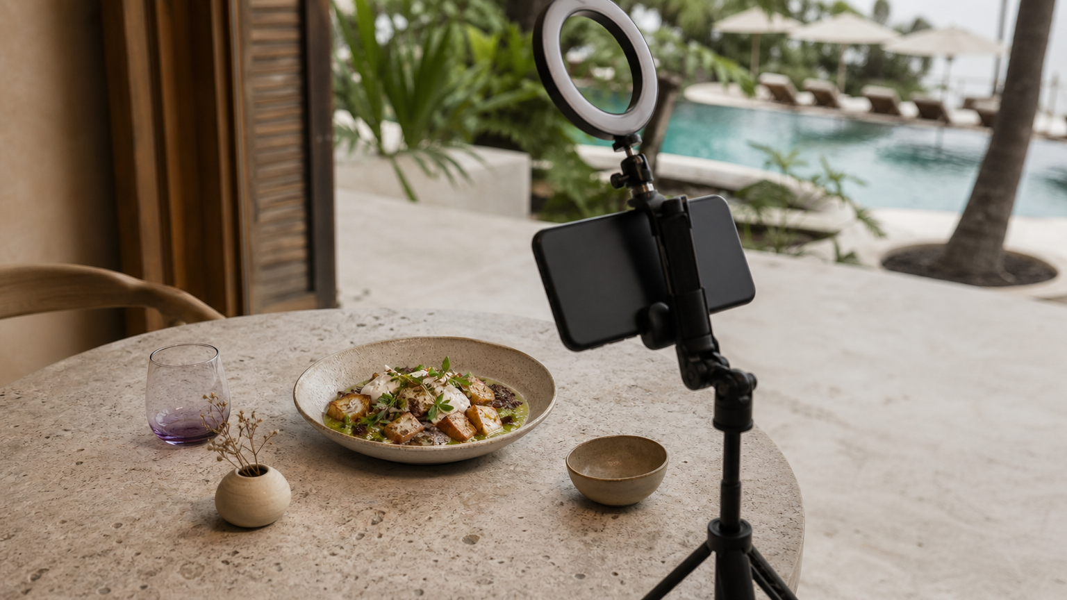 A content creator films a plated restaurant dish with a ring light for a social media PR campaign.
