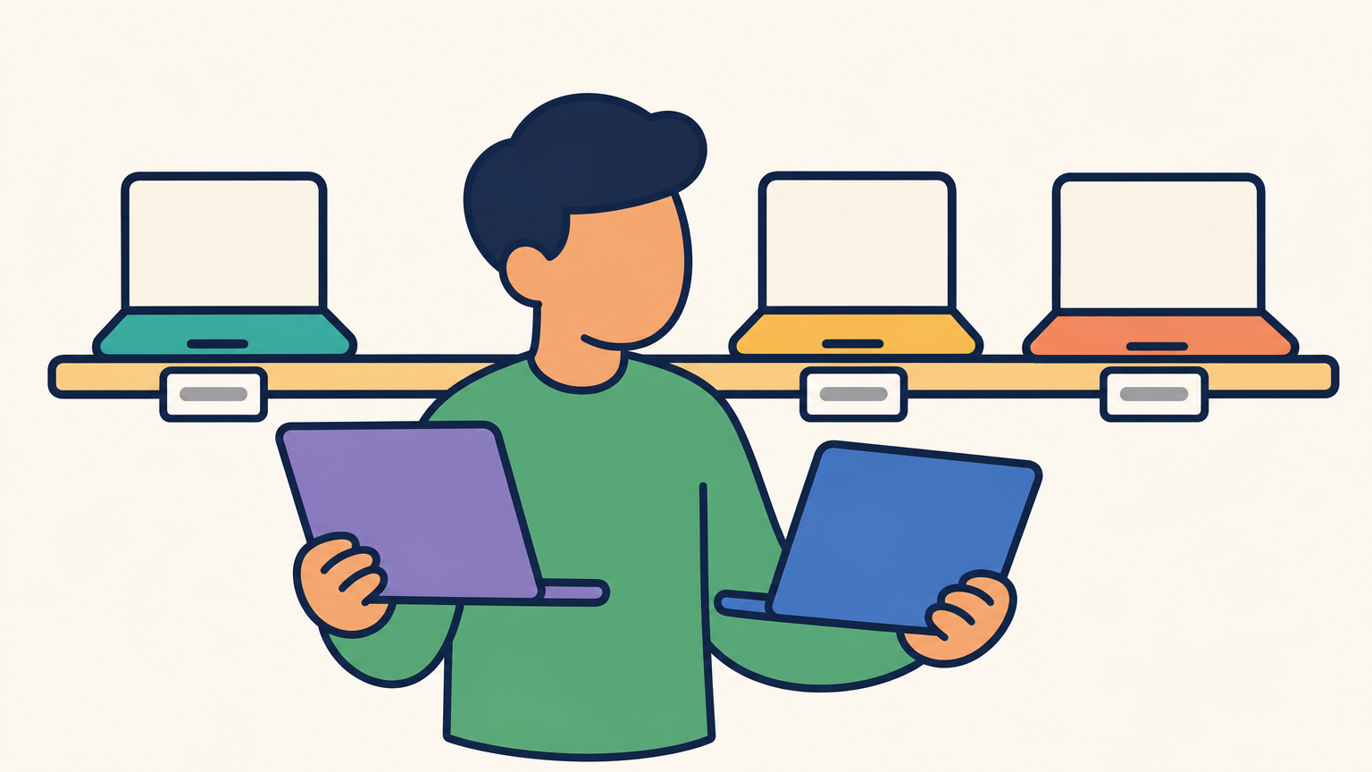 A shopper comparing two laptops of different prices on a store shelf.