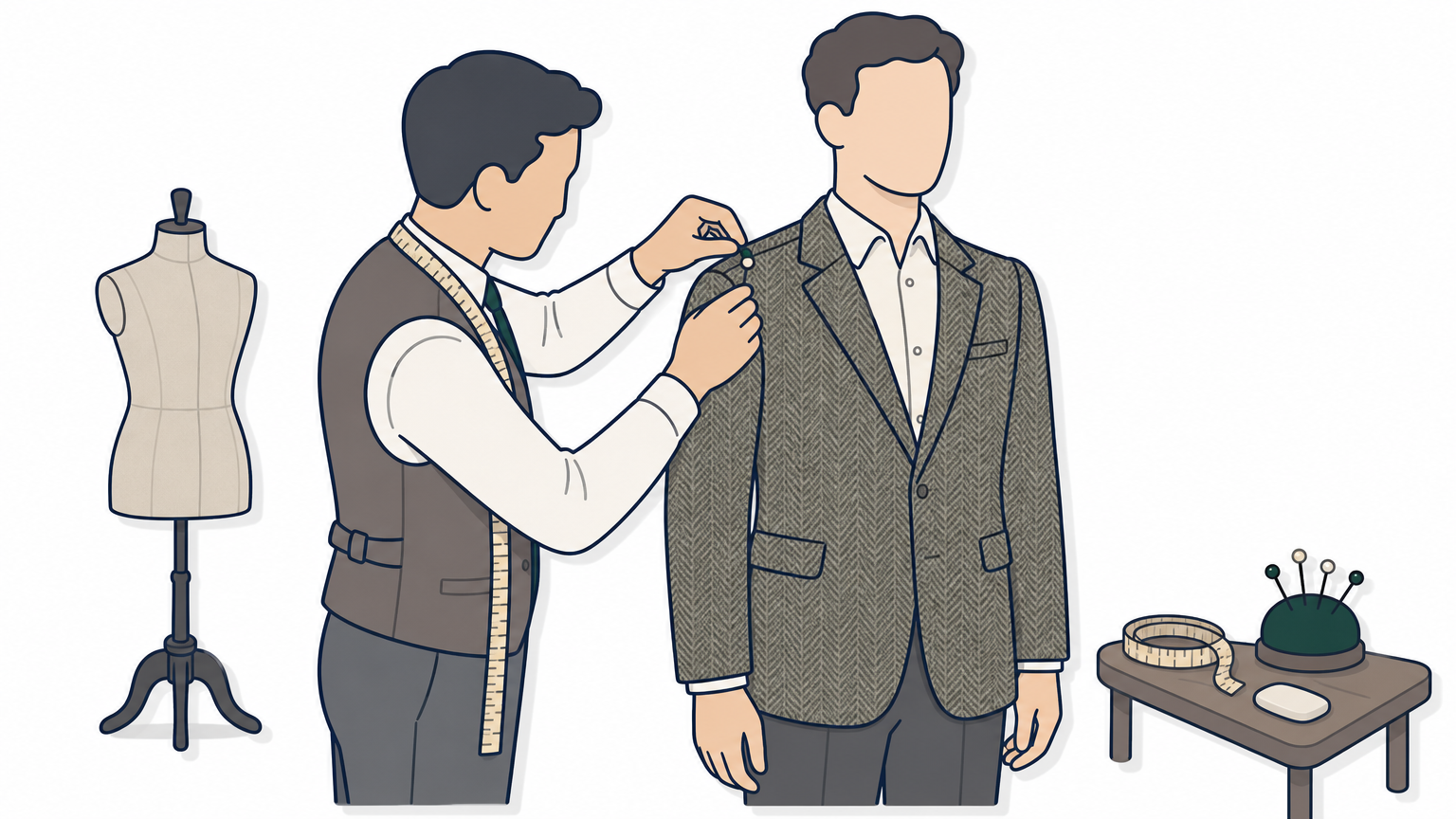A tailor adjusts the shoulder of a herringbone tweed jacket on a client during a fitting.