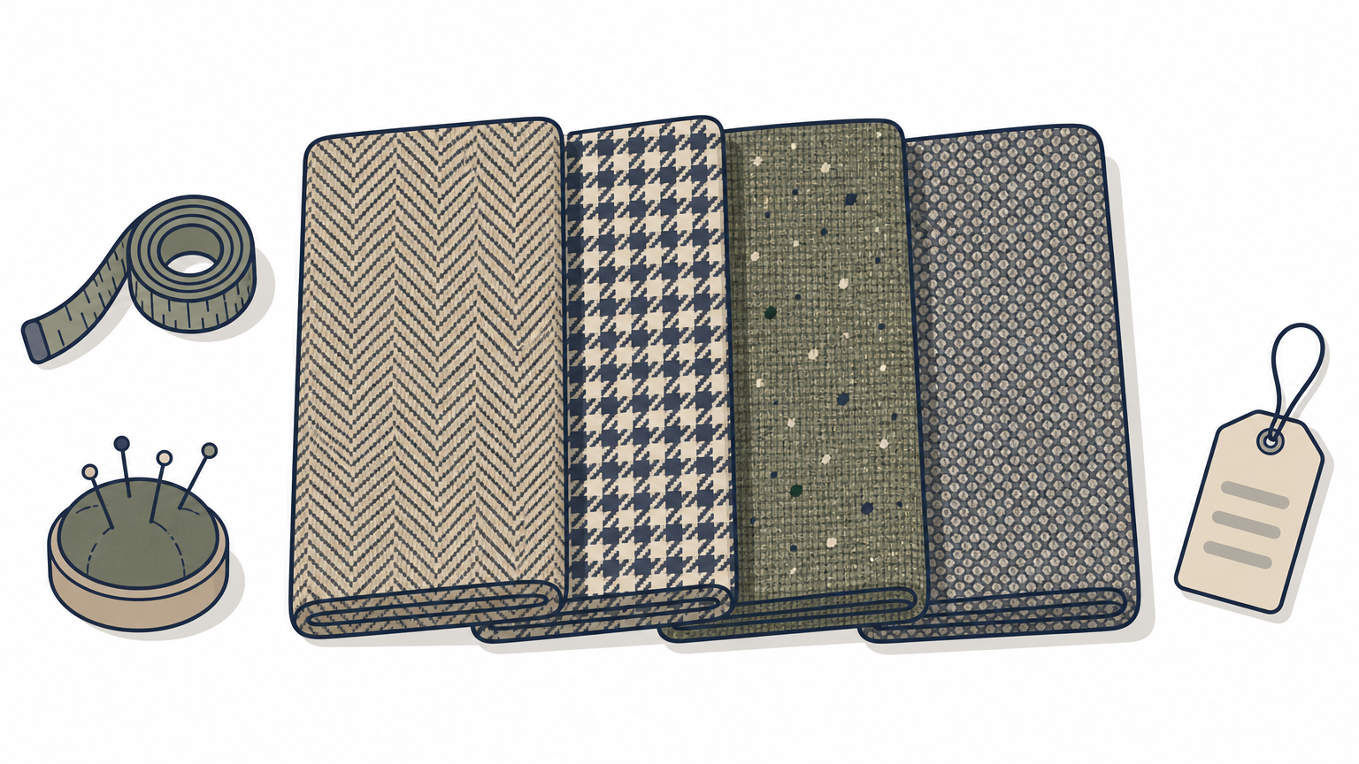 Several folded tweed fabric swatches display herringbone, houndstooth, Donegal, and birdseye patterns side by side.