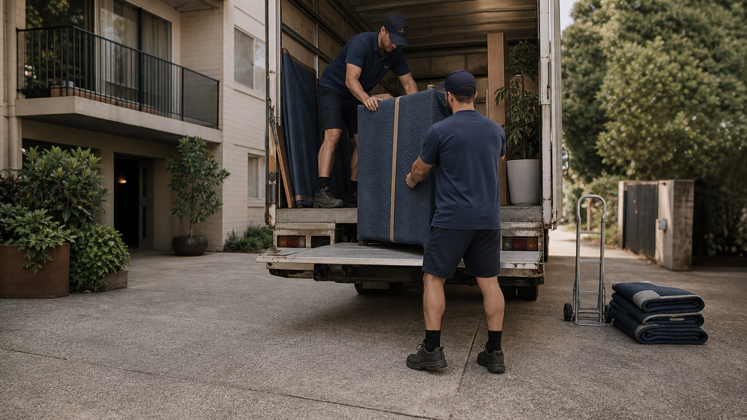 Two removalists load furniture onto a small tailgate truck outside an apartment block.