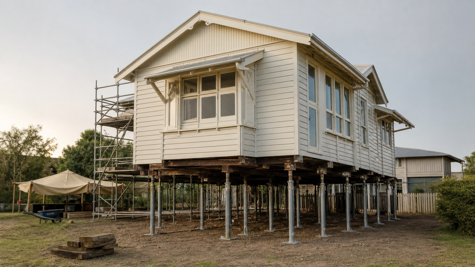 A timber Queenslander house lifted on steel stumps during a restumping and raising project.