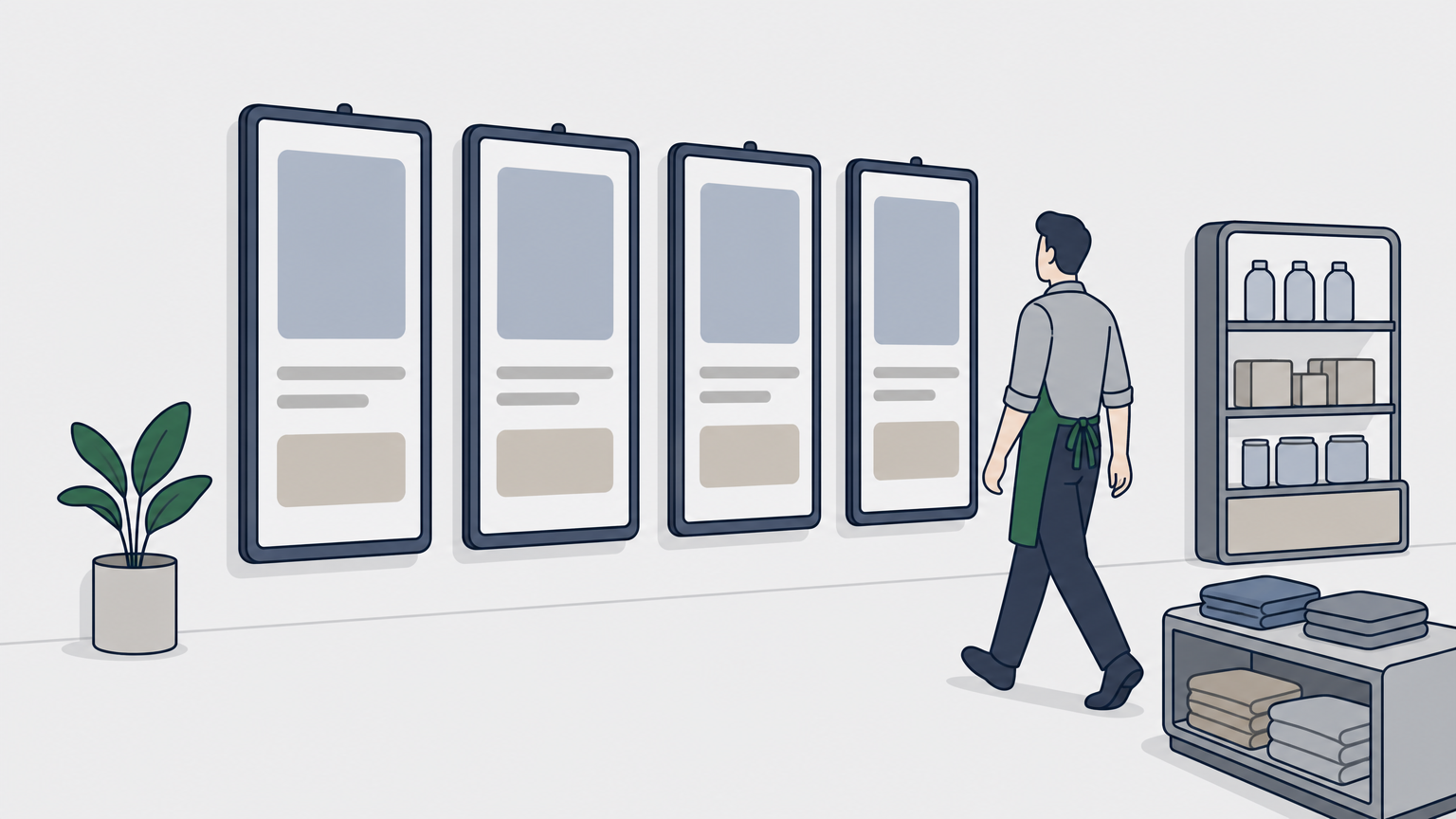 Synchronized digital signage screens are displayed along a retail store aisle.