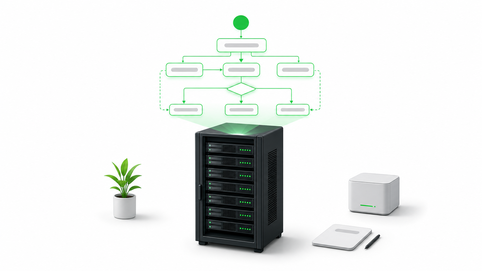 A server rack beneath a glowing diagram of connected nodes and arrows representing an agent graph.