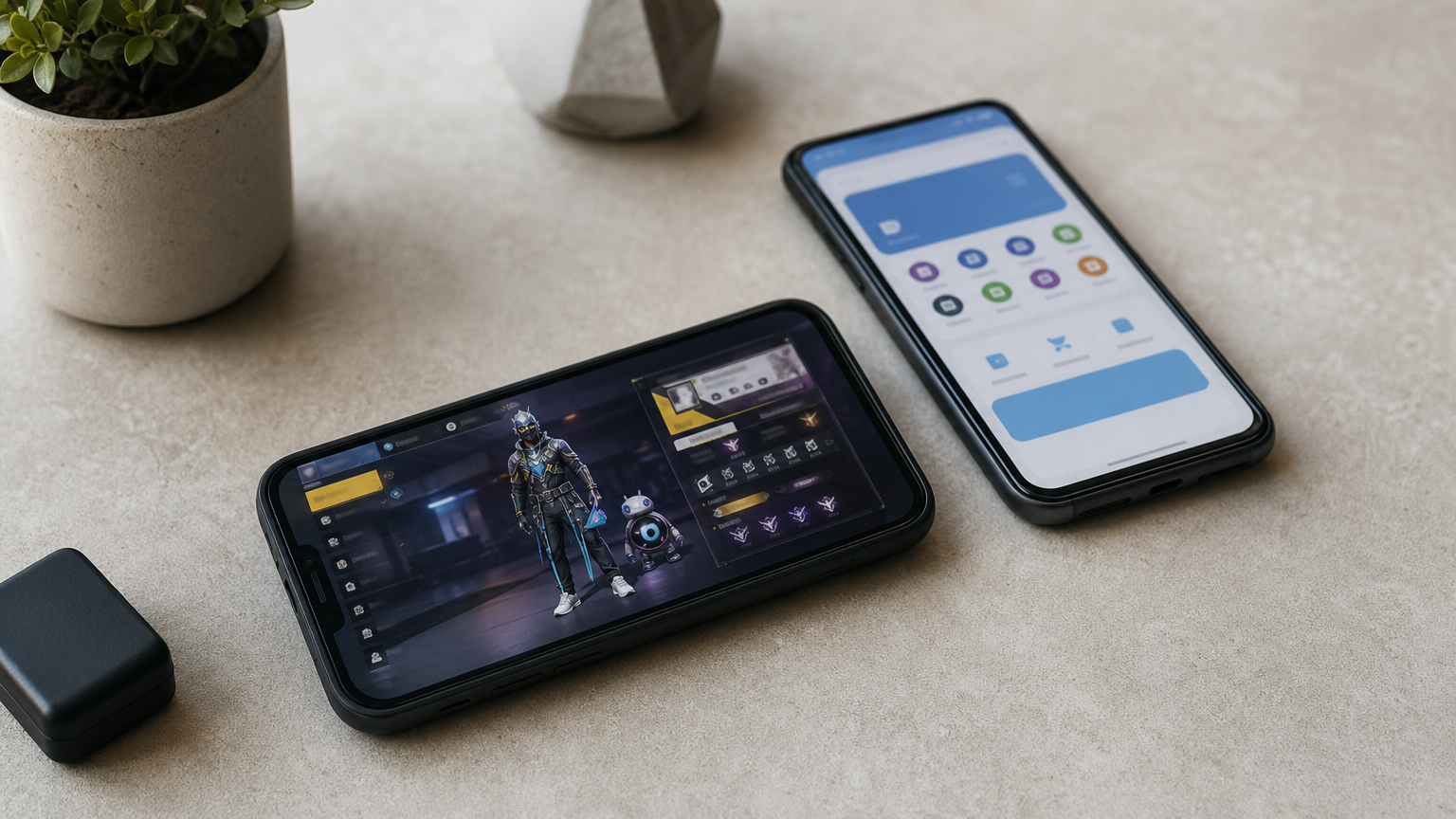 A smartphone displaying a Free Fire player profile beside another phone showing a mobile wallet app.