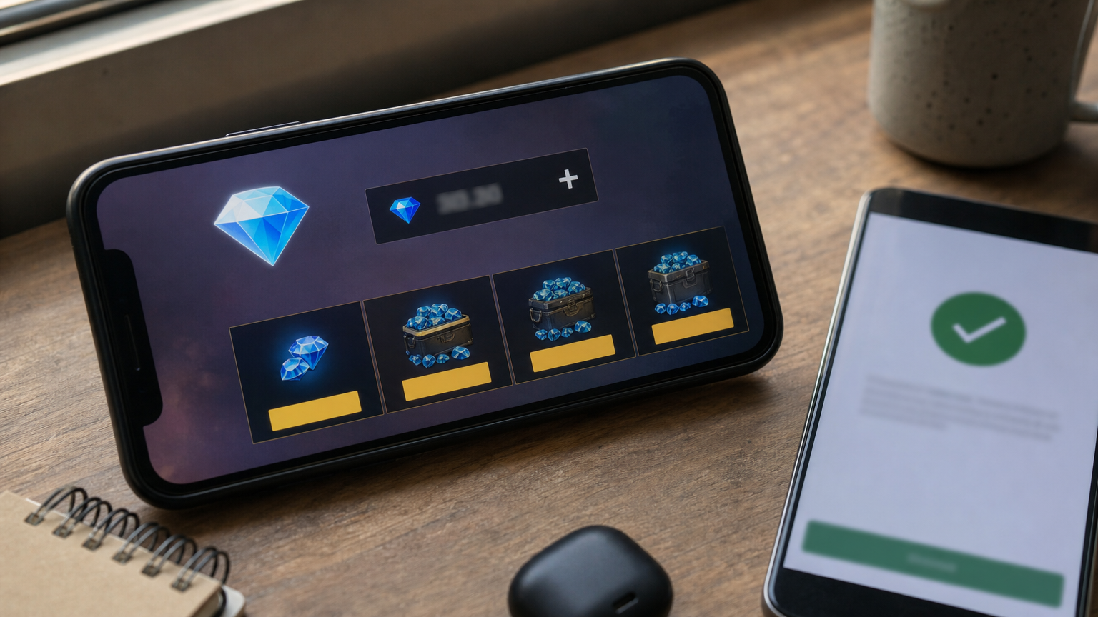 A smartphone showing the Free Fire diamond shop balance next to a payment confirmation screenshot.