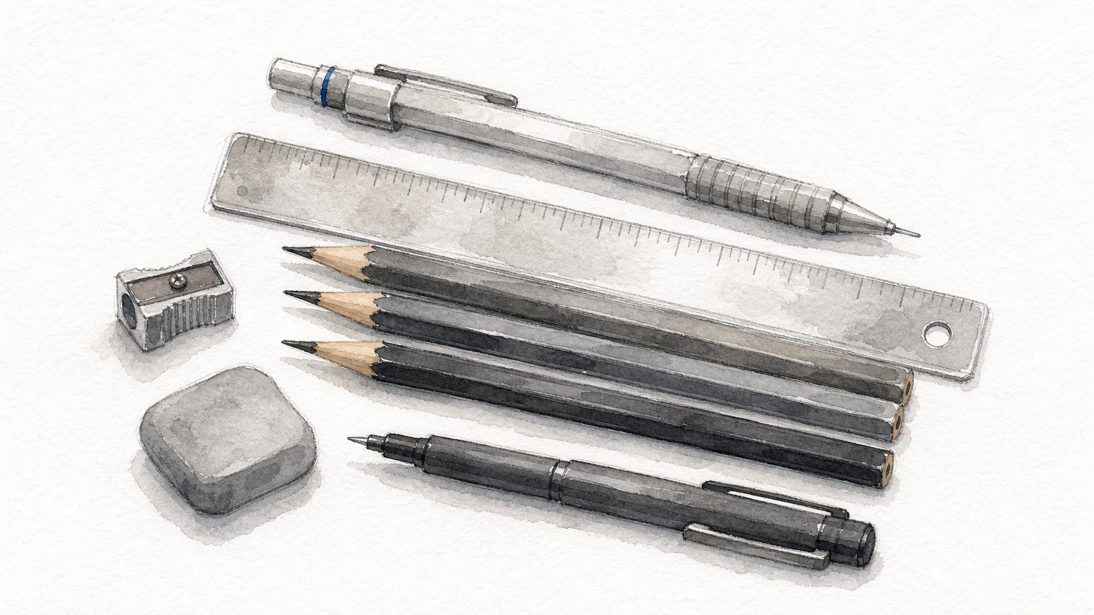 Flat-lay of a mechanical pencil, ruler, eraser, fine-tip pen, and graphite pencils on white paper.