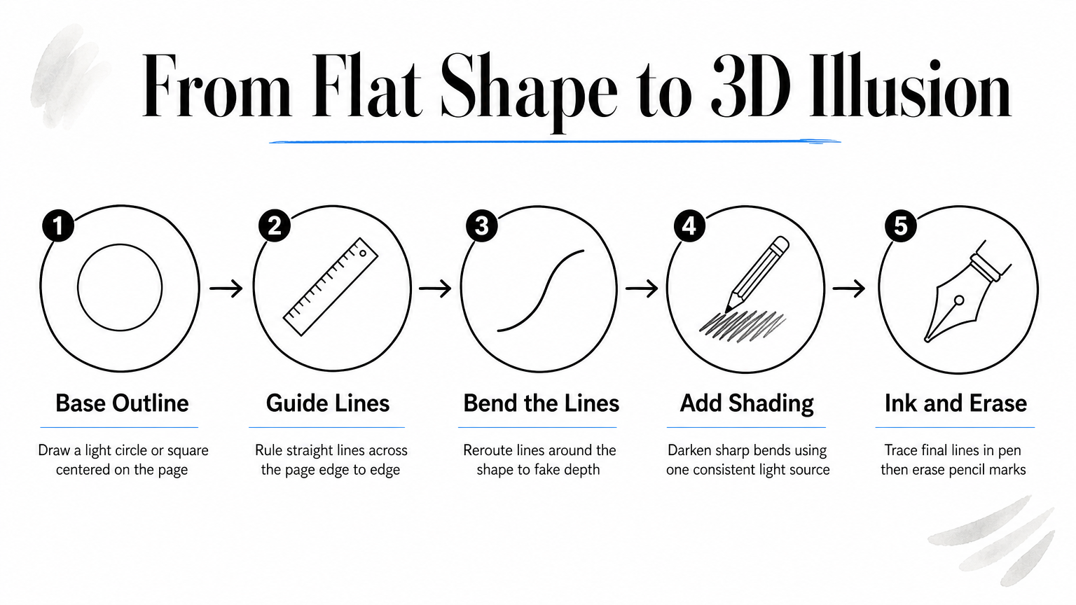 Five-step process diagram showing how to draw an optical illusion from outline to shaded ink drawing.