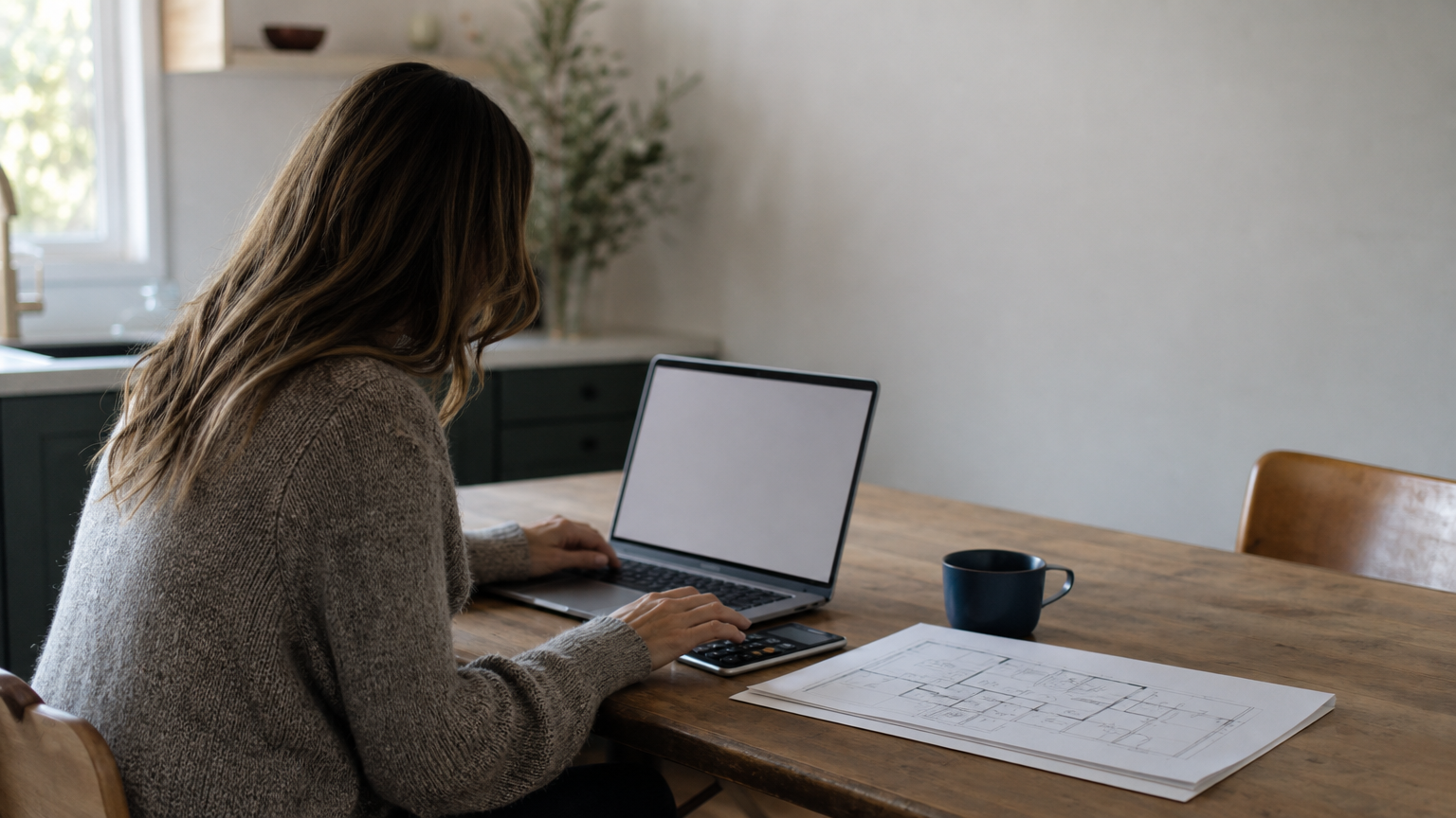 A homeowner reviews a laptop and calculator at a kitchen table with a house blueprint nearby.