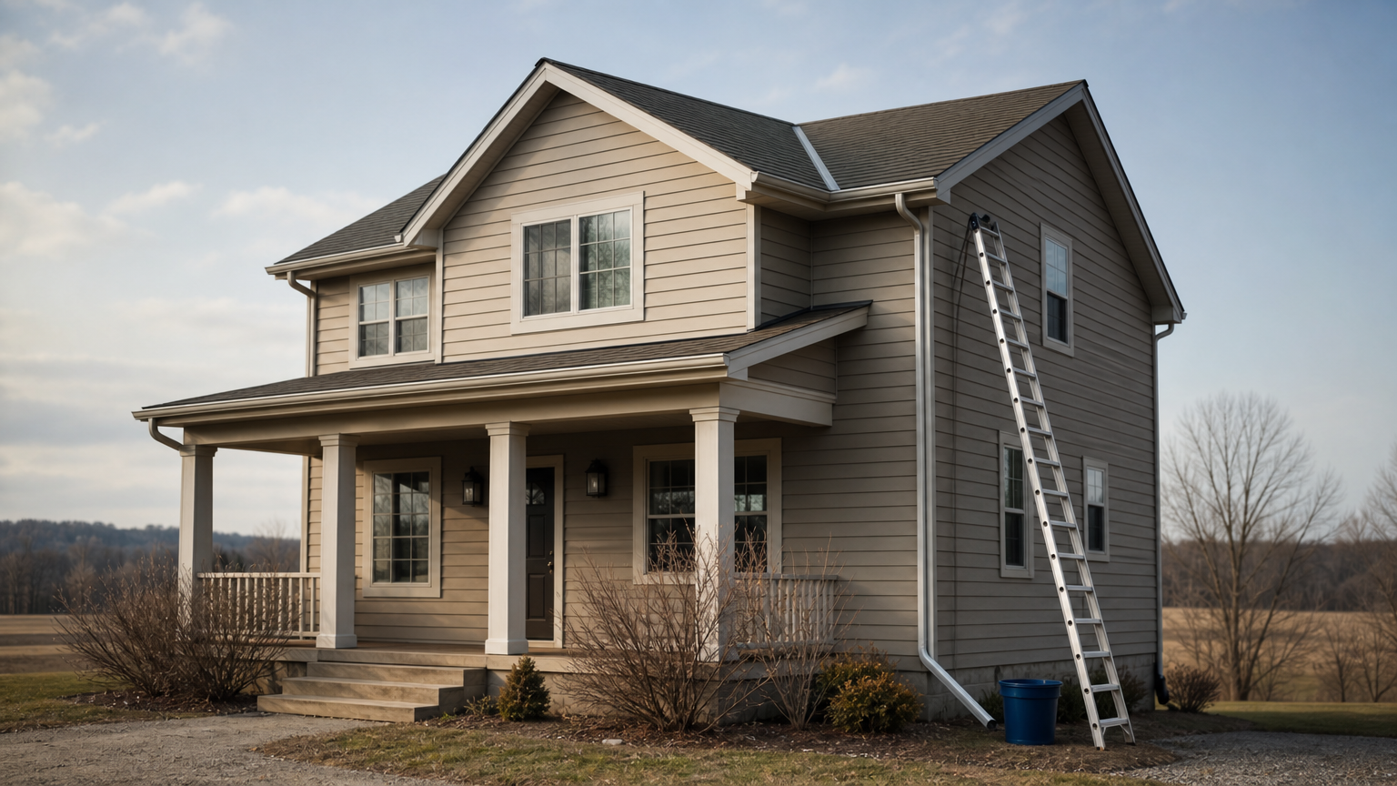 A two-story house shows newly installed seamless aluminum gutters with a ladder leaning against the roof.
