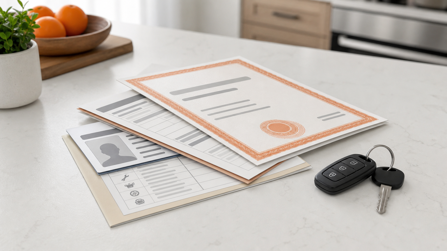 Car title, registration, ID, and maintenance records arranged on a table with car keys.