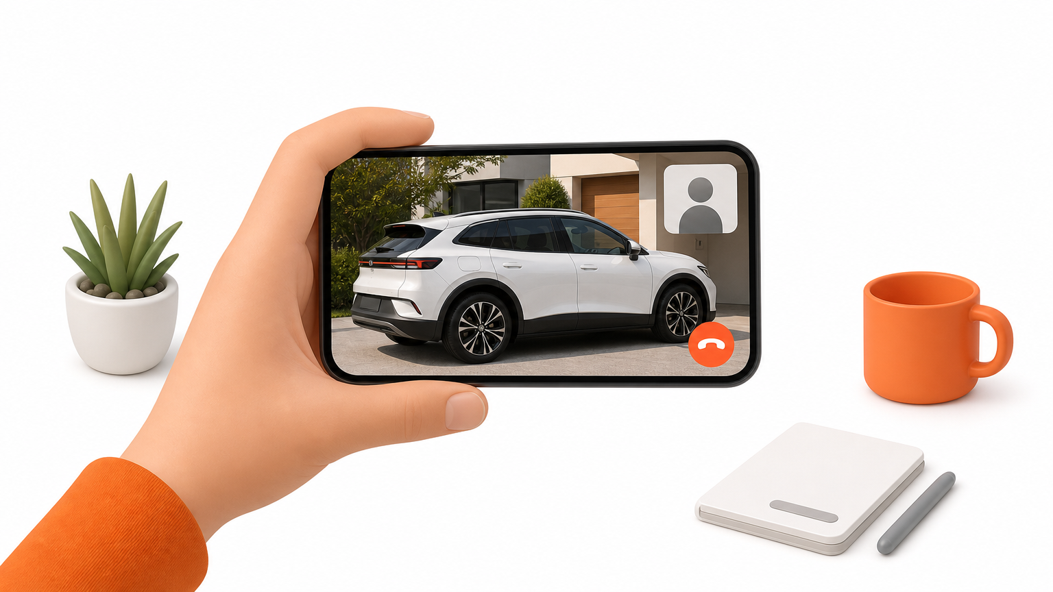 A person filming a parked car's exterior with a smartphone during a video appraisal call.