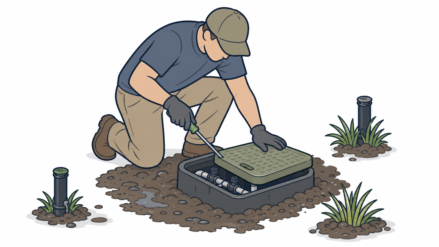 A hand pries open a muddy plastic valve box lid using a flathead screwdriver.
