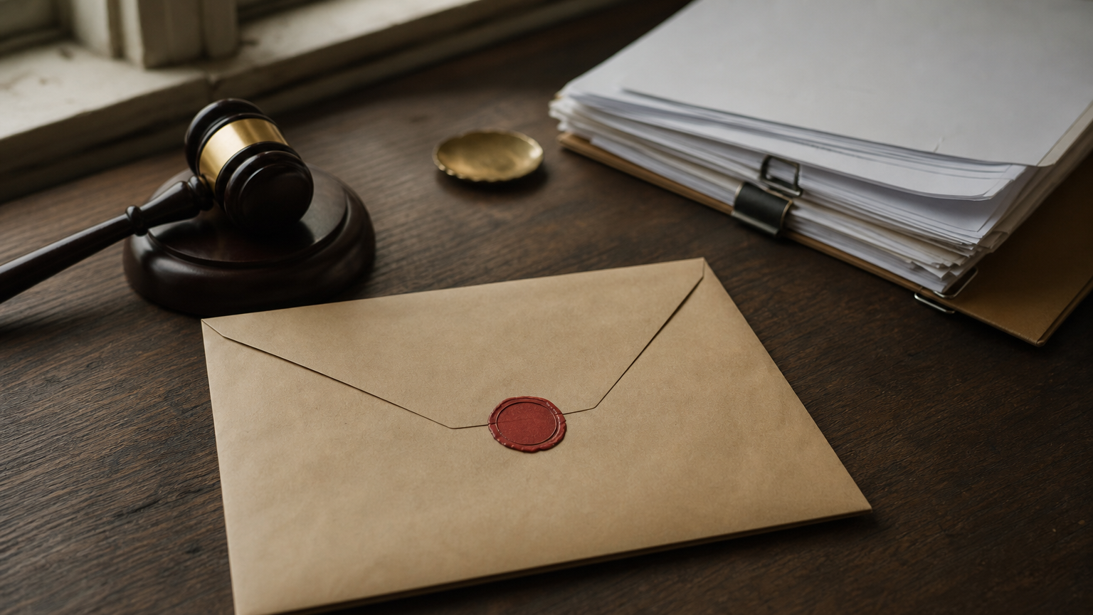 An unopened legal notice envelope with a deadline stamp sits beside a gavel and court documents.