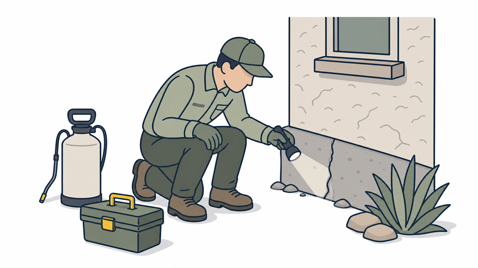 A technician crouches by a house foundation checking for pest entry points with a flashlight.