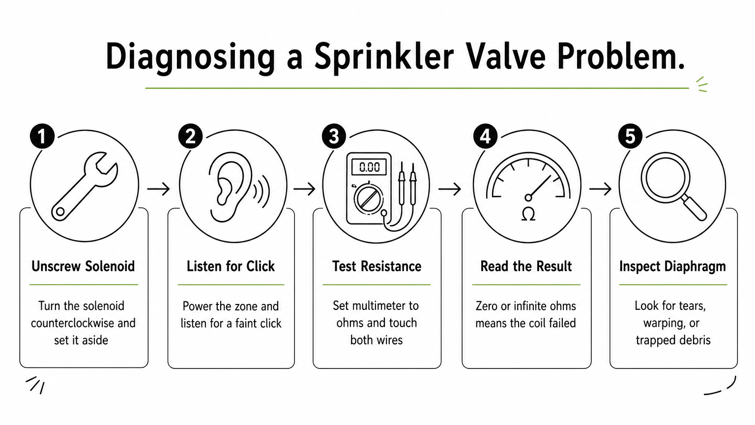 Five-step process graphic showing how to test and diagnose a sprinkler valve solenoid.