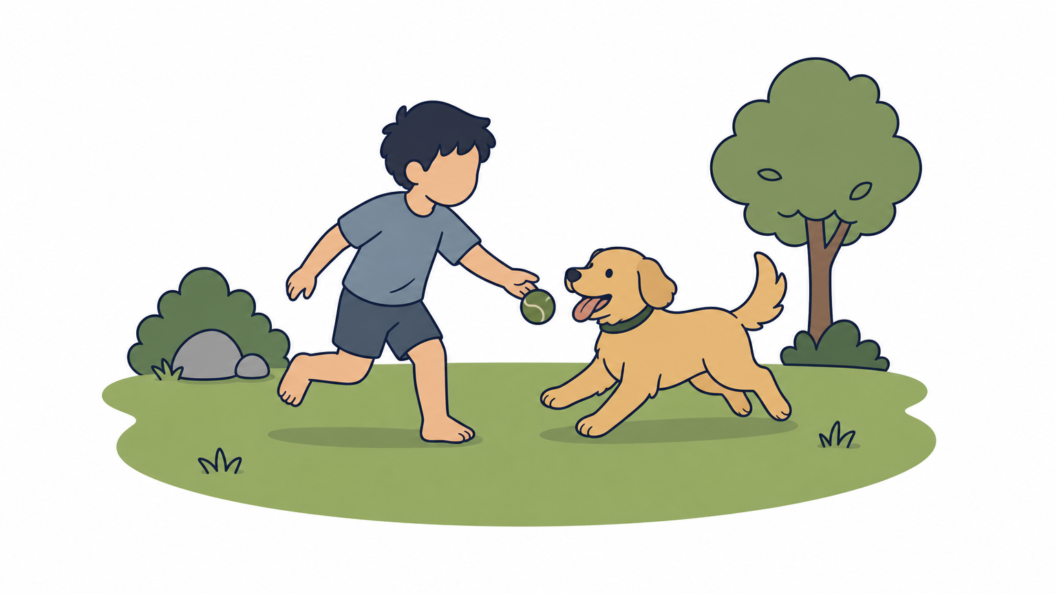 A dog and a child play barefoot on a green lawn with no warning signs present.