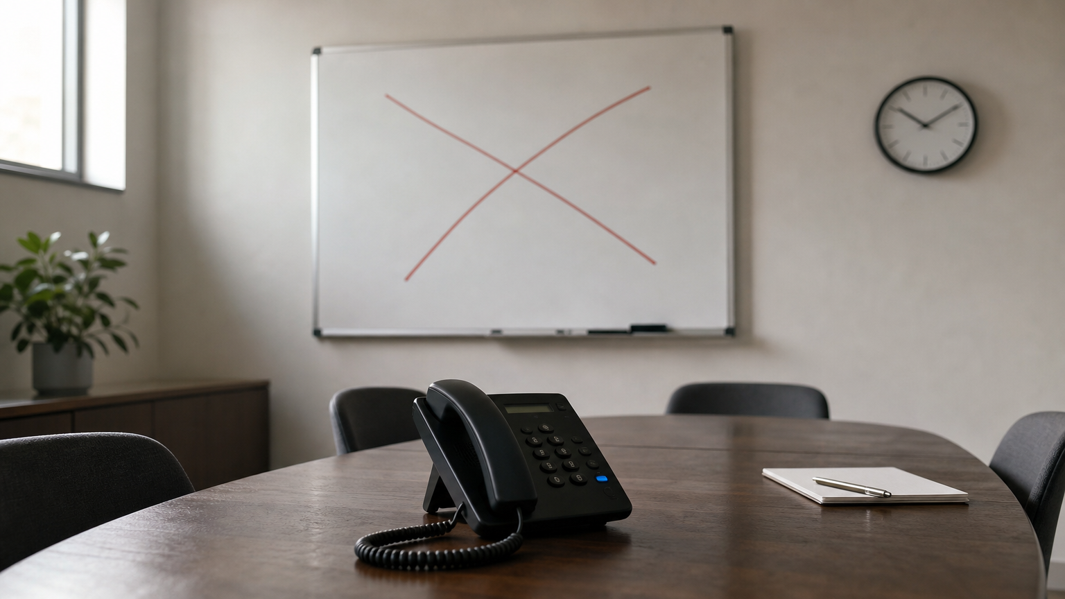 An empty meeting room with an unanswered phone and a wall clock suggesting wasted time during a crisis.