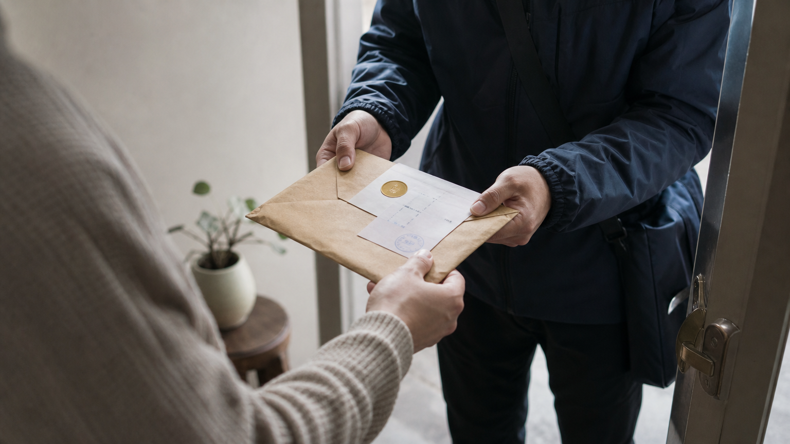 A courier delivers a registered mail envelope with a tracking receipt to a person at their door.