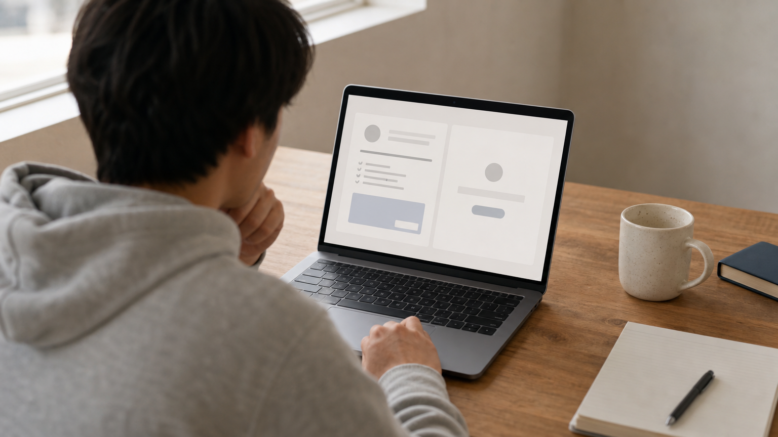 A student compares two tutoring websites on a laptop screen, one showing tutor details and one showing none.