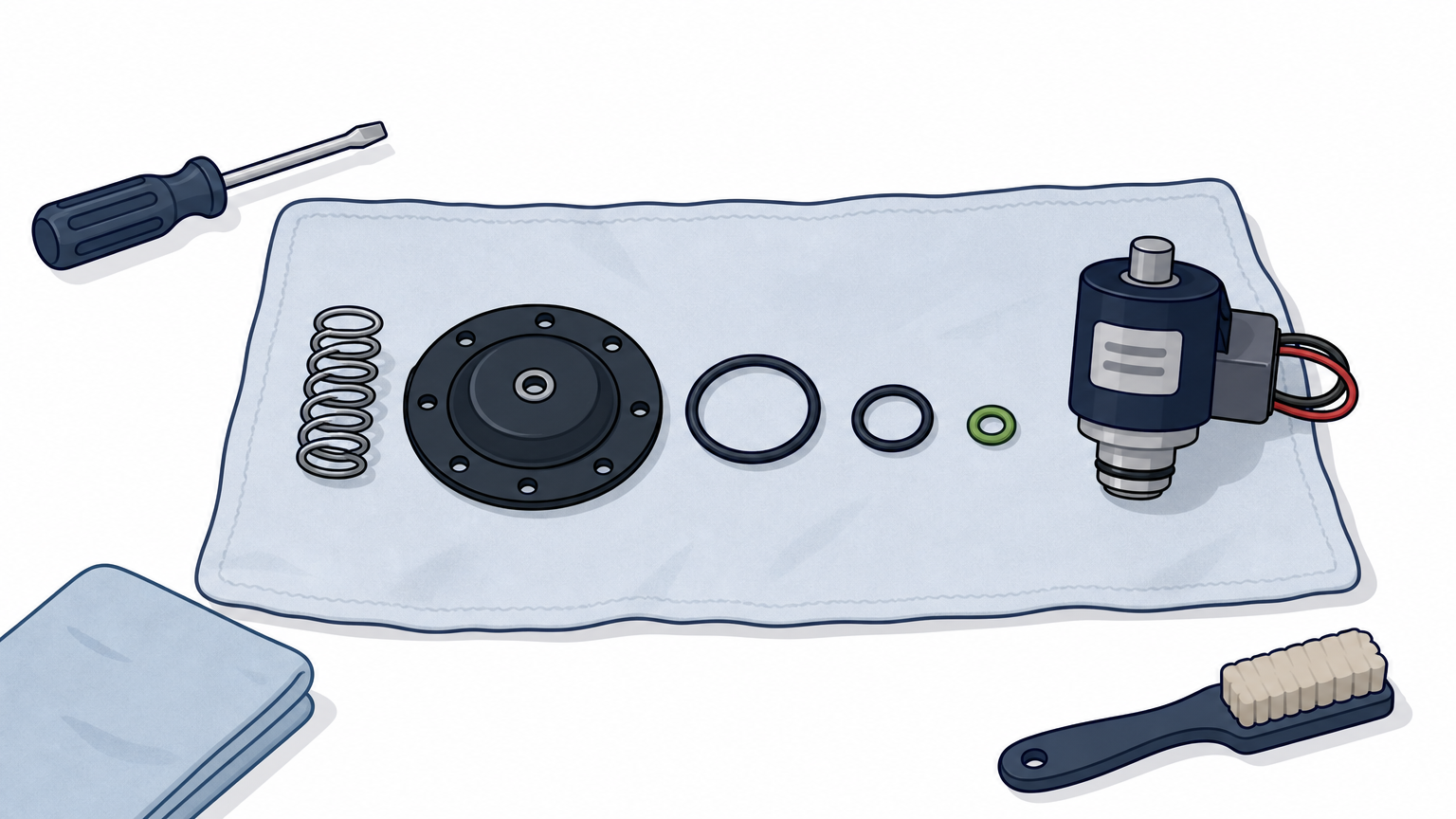 Sprinkler valve components including a spring, diaphragm, and O-rings arranged on a rag.