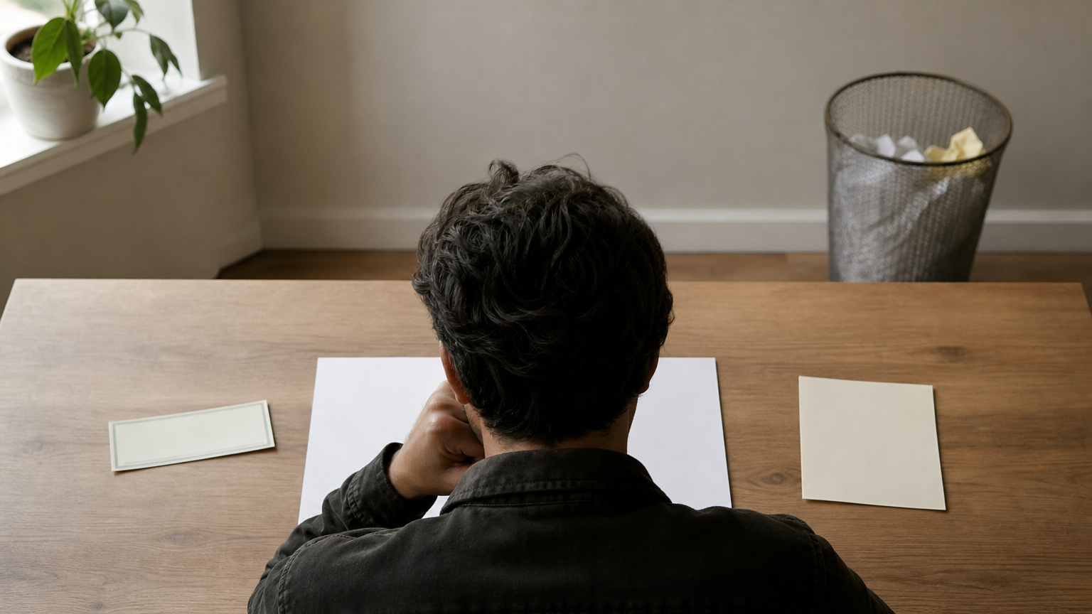 A person at a desk considers a signed check, a written reply, and a wastebasket among scattered papers.