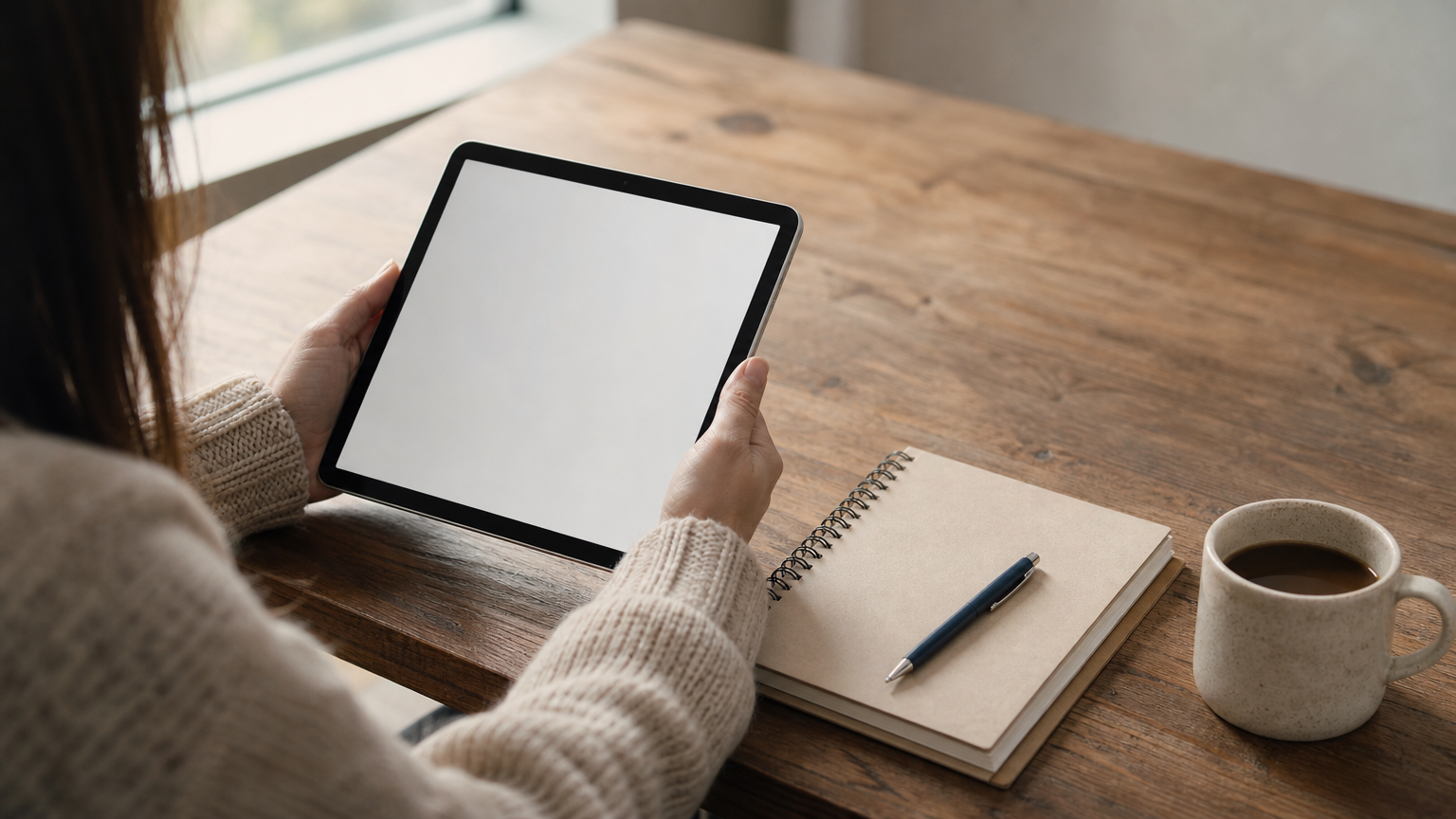 A student reviews a tutor's profile on a tablet next to an open notebook and a cup of coffee.