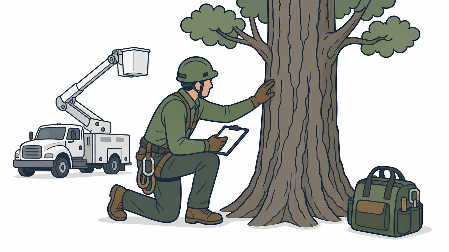 An arborist examines a large tree trunk while a bucket truck waits nearby.