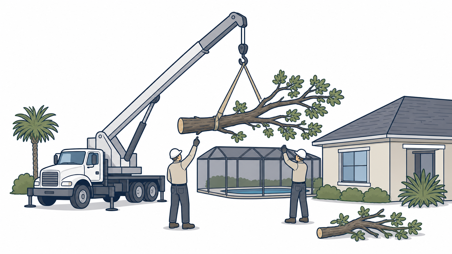 A crane lifts a large tree limb away from a house near a pool cage.