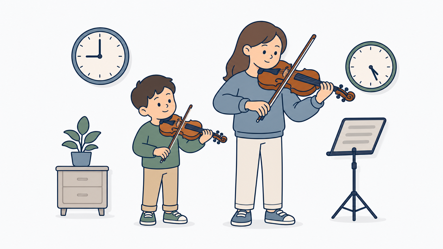 A young child and a teenager each hold different-sized violins near a wall clock.