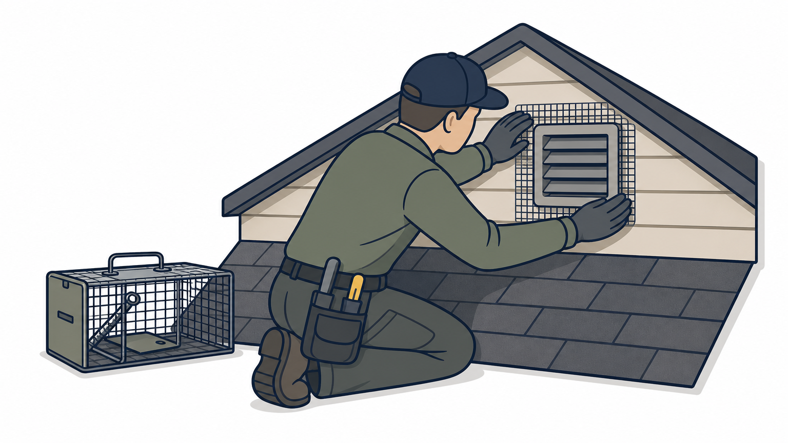 A technician seals an attic vent opening with wire mesh near a rodent trap.