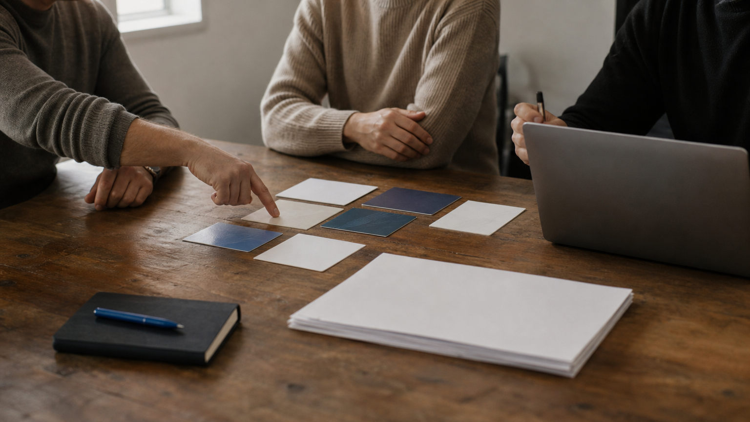Employees seated around a table conducting a tabletop simulation exercise with scenario cards and a printed plan.
