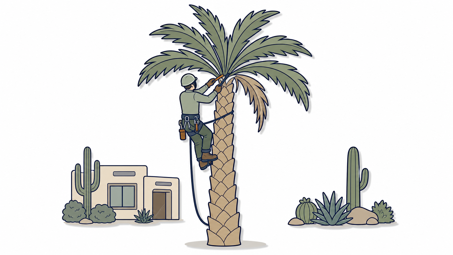 A climber trims fronds near the crown of a tall palm tree in a desert yard.