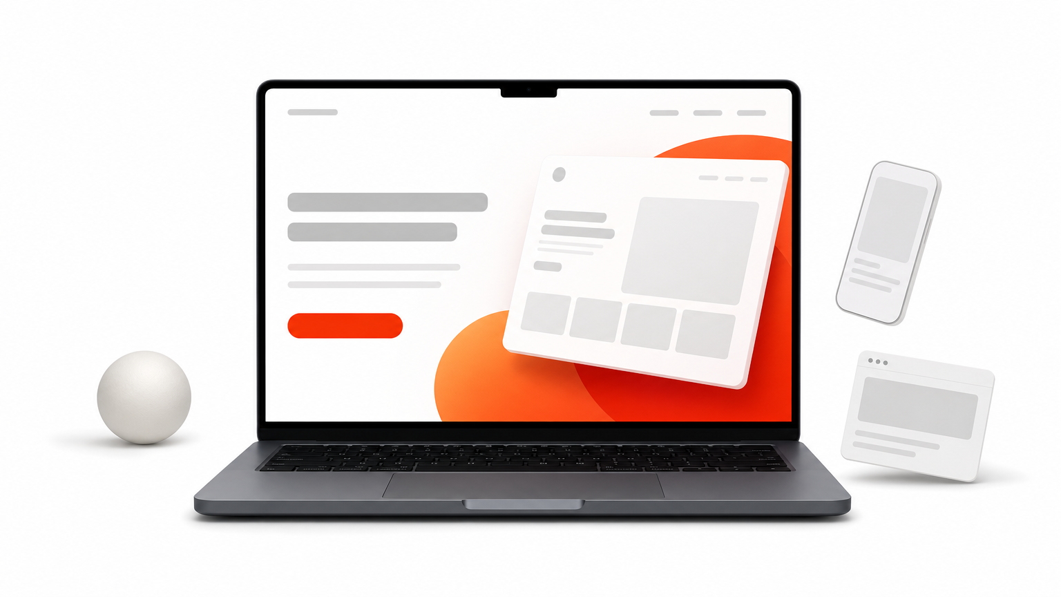 A laptop screen displays a landing page with a headline, hero image, and one prominent call-to-action button.