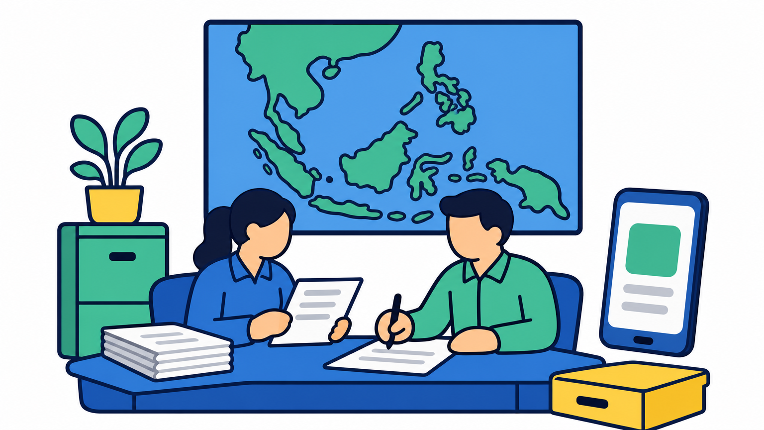 Office staff review merchant applications in front of a wall map of Southeast Asia.