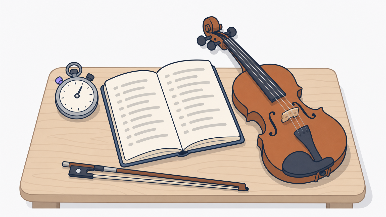 An open notebook with written practice times and a stopwatch next to a violin on a table.