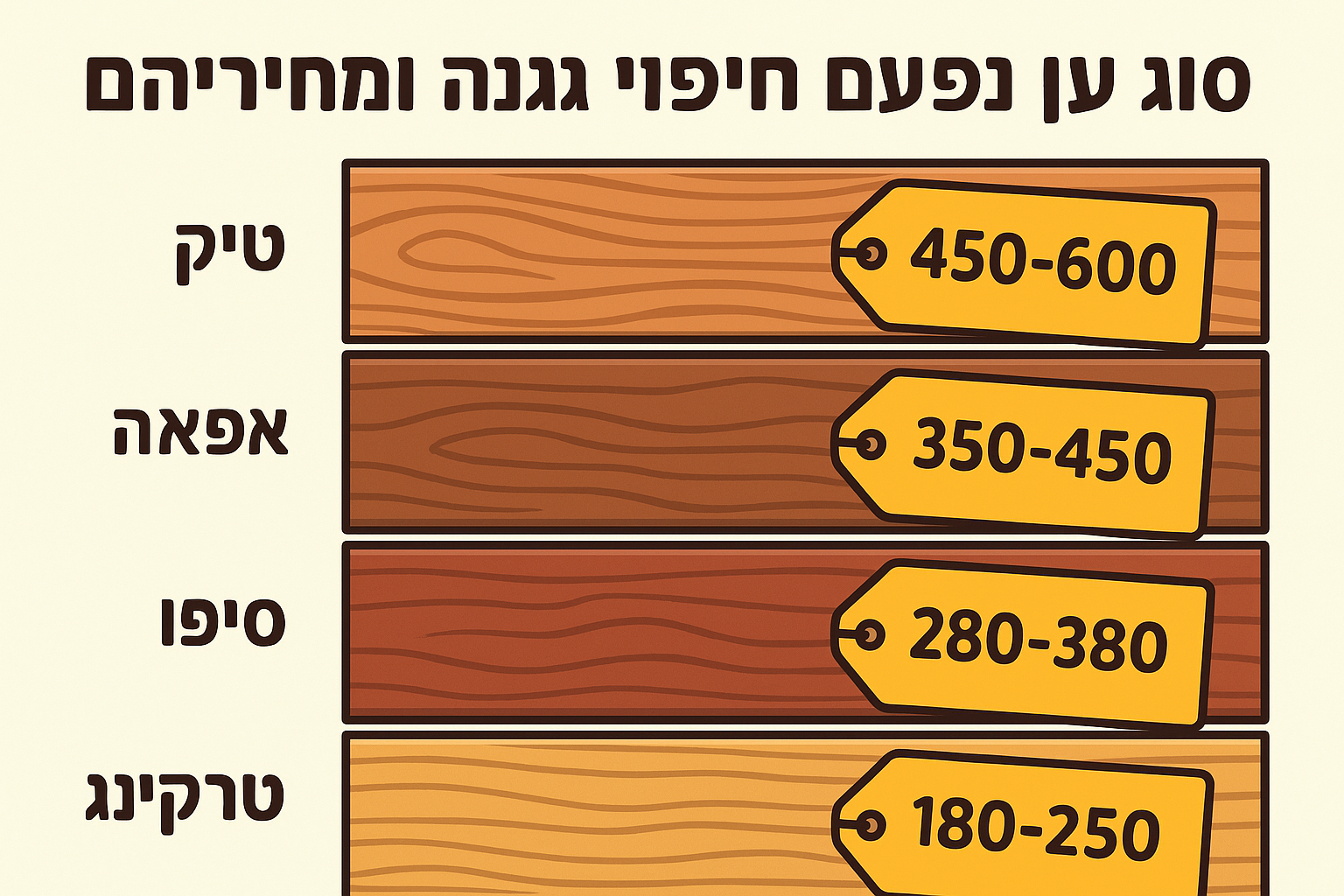 סוגי עץ נפוצים לחיפוי גינה ומחיריהם