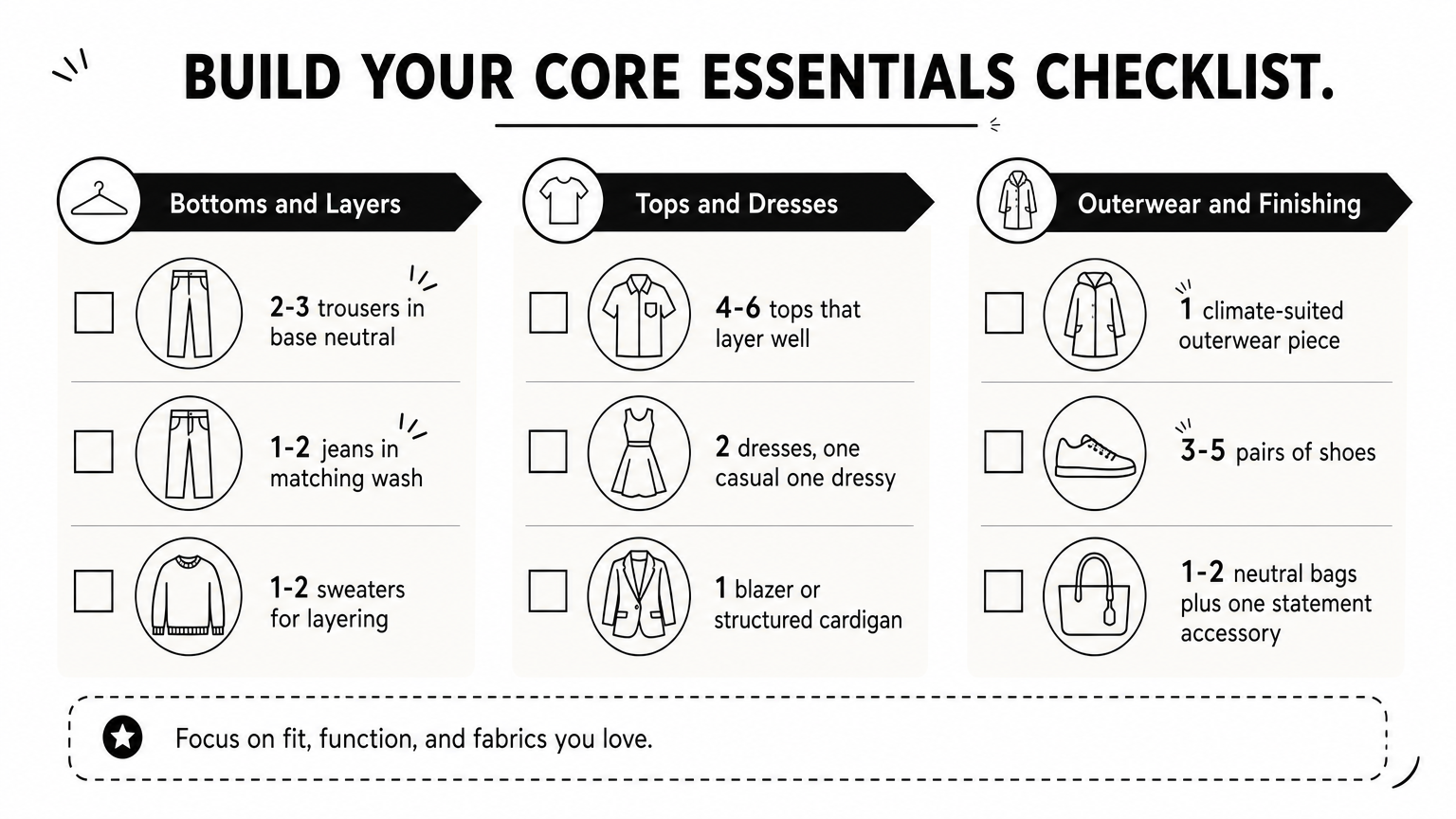 A three-column checklist infographic listing core capsule wardrobe pieces grouped by bottoms, tops, and outerwear.