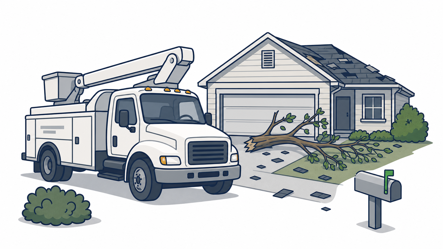 A tree service truck arrives at a home where a broken limb blocks the driveway after a storm.