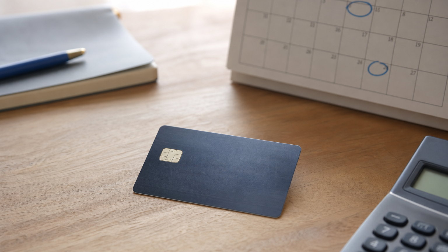A credit card sits next to a calendar with circled months and a calculator on a desk.