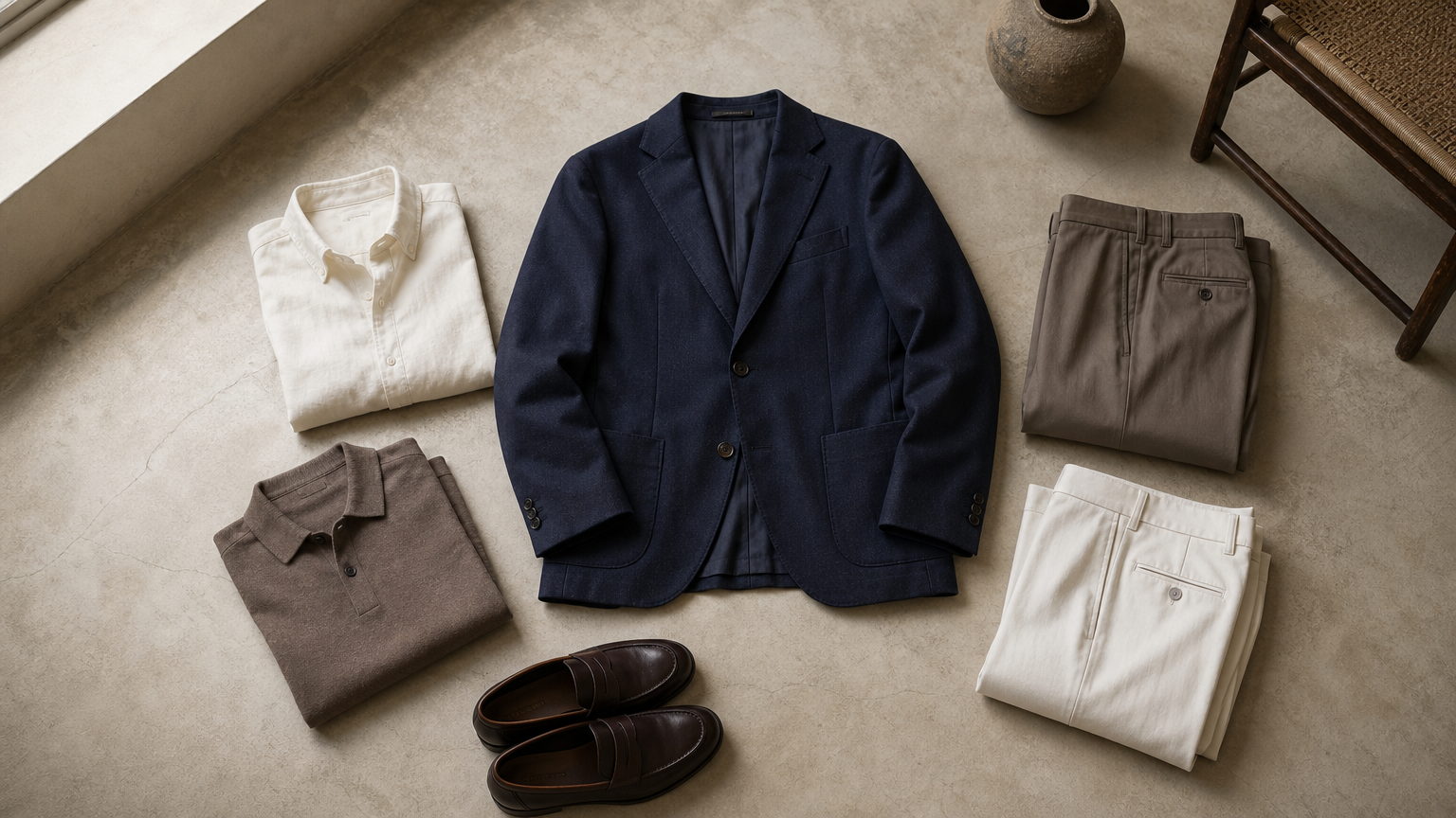 A flat-lay of a blazer, trousers, tops, and shoes arranged together as a coordinated wardrobe module.