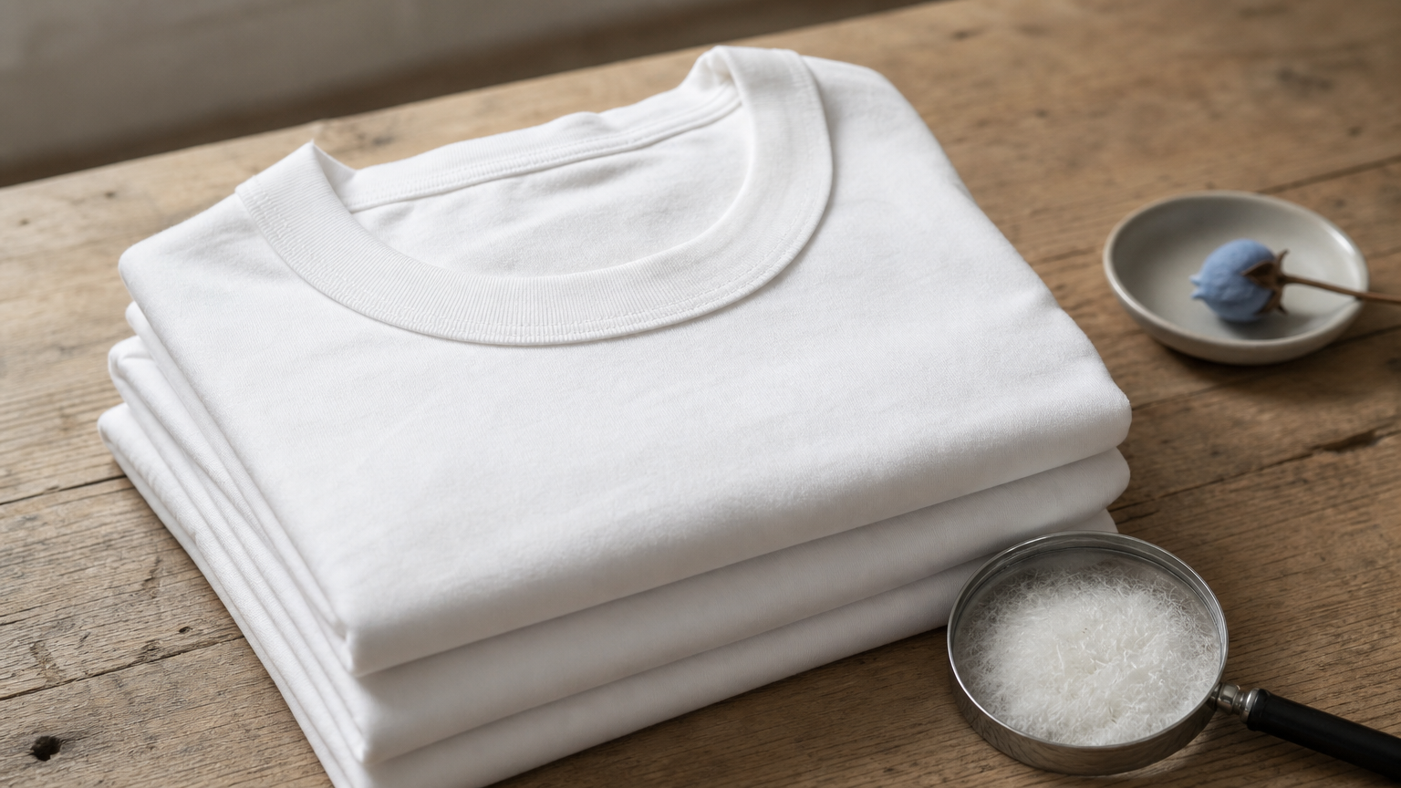 Folded stack of thick cotton t-shirts with a ribbed collar and a magnifying glass showing fiber detail.