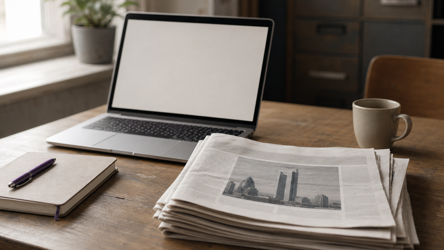 A desk with a laptop, notebook, and newspapers showing business news coverage.