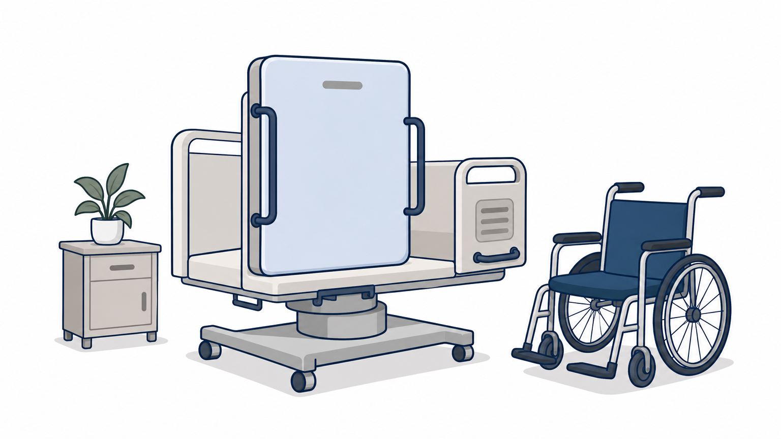 A hospital bed with its mattress deck rotated to the side to help a person stand up safely.