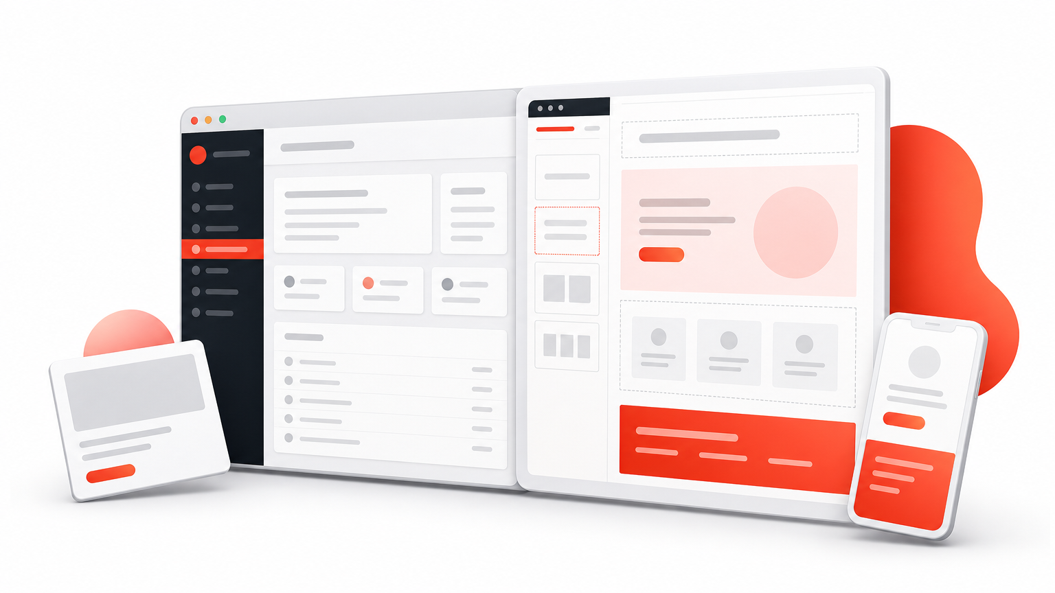 A WordPress dashboard sits next to a page builder panel showing matched header, footer, and content sections.