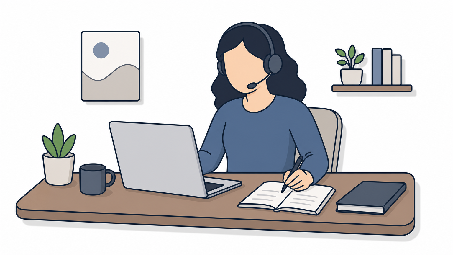 A remote employee sits at a desk with a laptop, notebook, and headset in a home office.