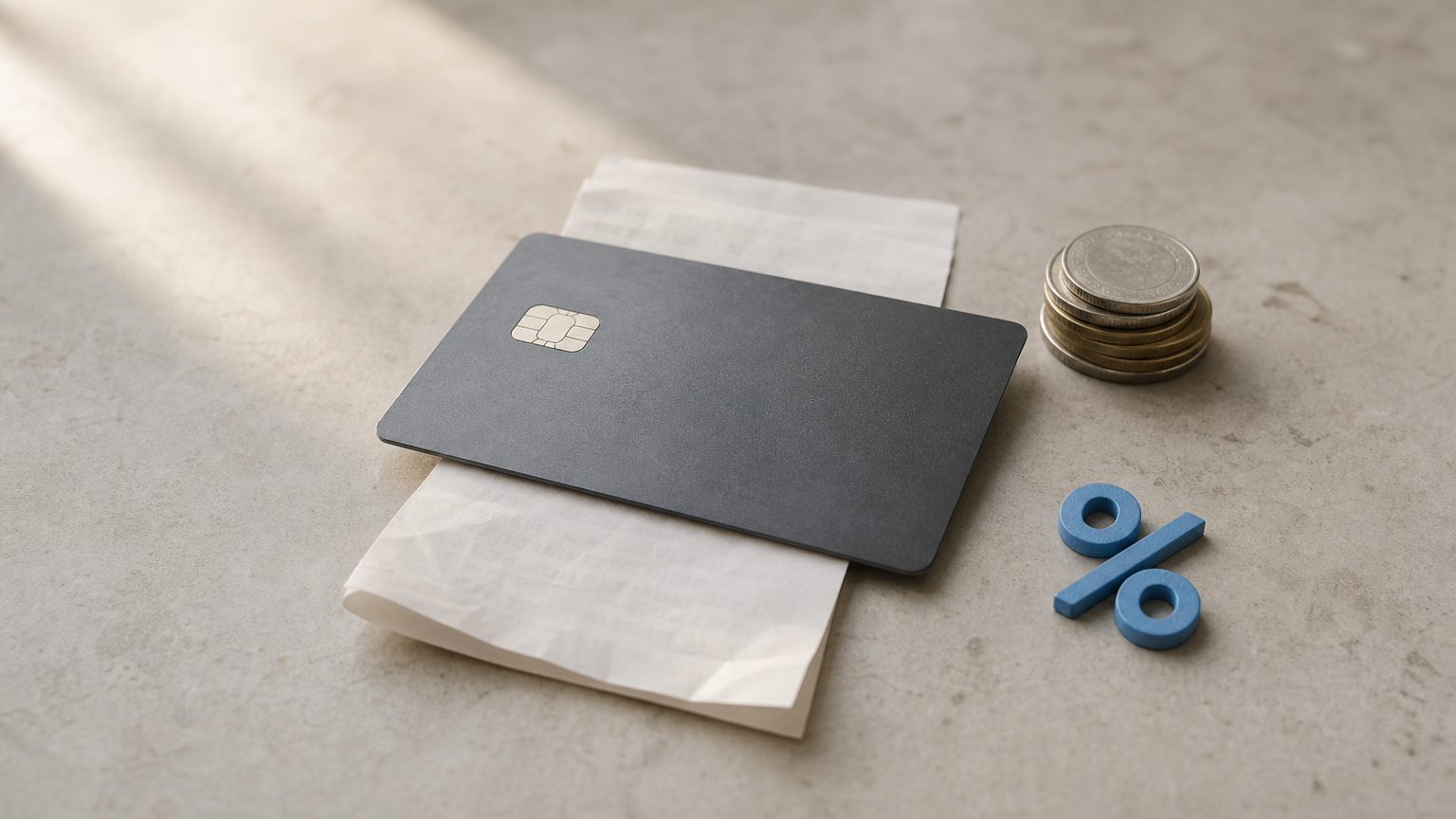 A credit card rests on a receipt beside a stack of coins and a percent symbol.