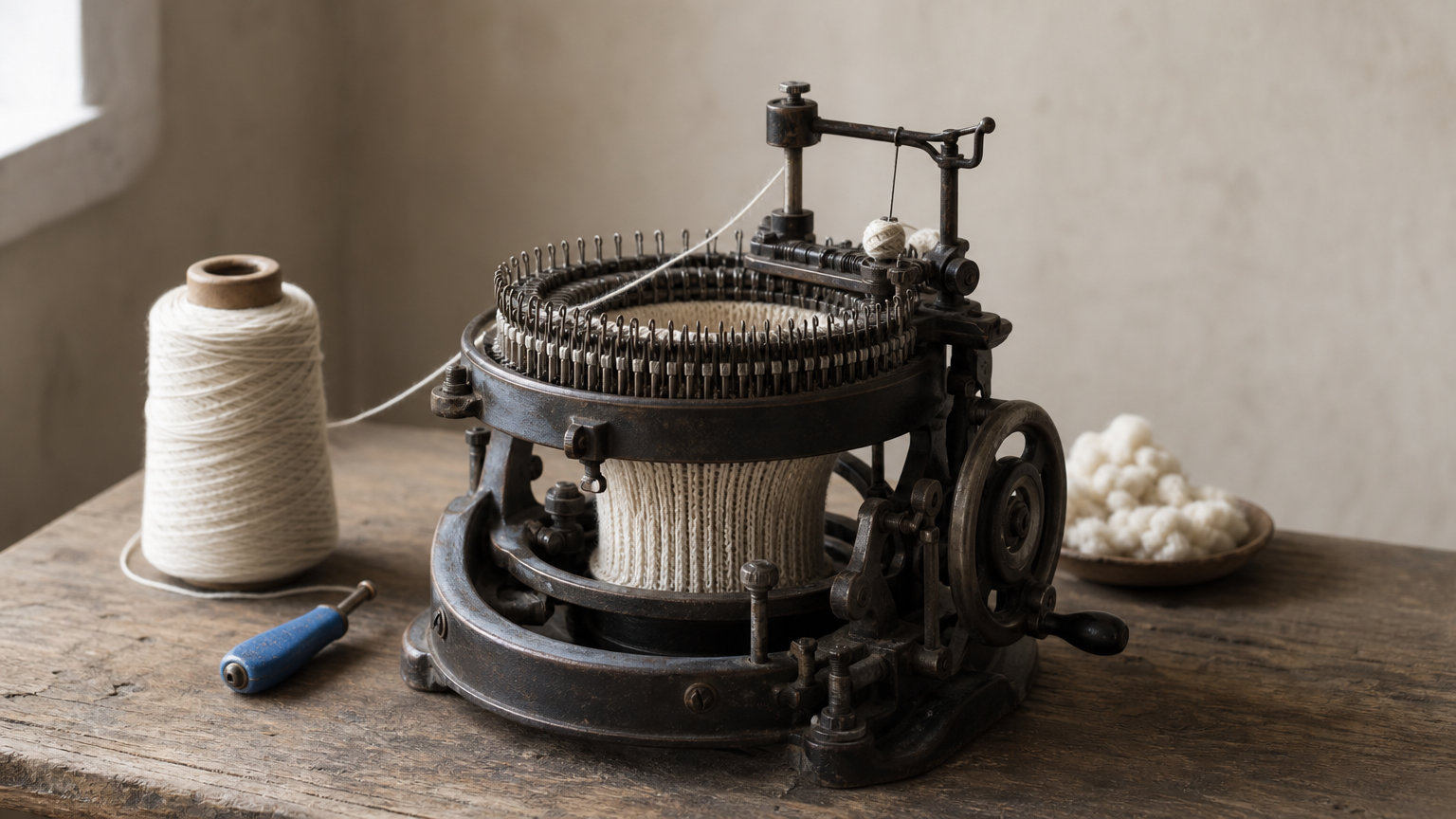Vintage loopwheeling knitting machine feeding cotton yarn through metal spindles beside a yarn spool.
