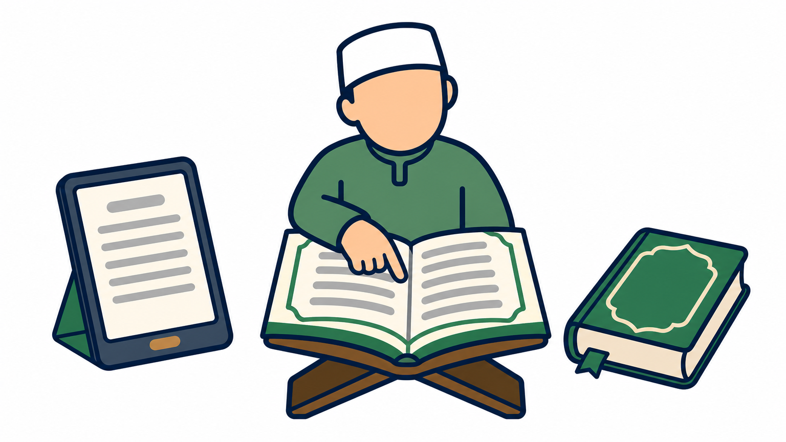 A tablet, a printed colored Mushaf, and a teacher's hand shown together as Quran study options.
