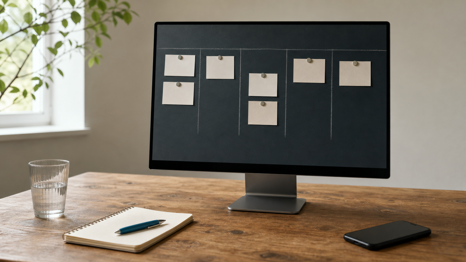 A computer screen displaying a deal pipeline board on an office desk with a notepad and phone.